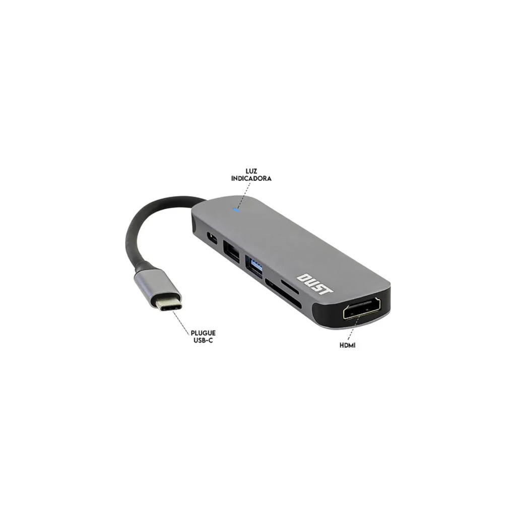 Adaptador Hub USB C Type-C 6 em 1 DUST Adaptador USB 3.0 HDMI SD/Micro SD