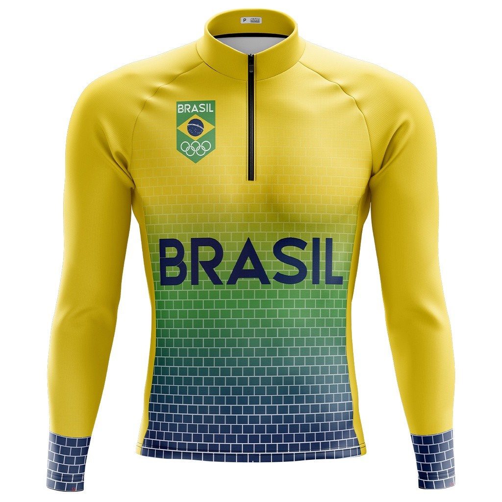 Camisa Ciclismo Mountain Bike Masculina Selecao Brasil Manga Longa Com Bolsos