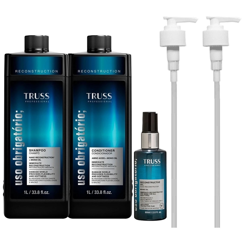 Kit TRUSS Uso Obrigatório Shampoo 1000ml + Condicionador 1000ml + Óleo 60ml + Válvulas Pump