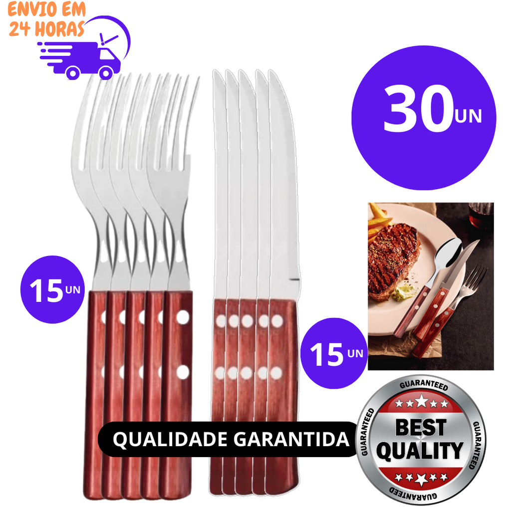 Jogo 30, 20 ou 08 Peças De Garfo e Faca Talher de Mesa Cabo Madeira em Aço Inox Restaurante Jantar