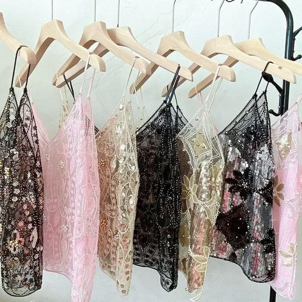 SHGIRLRL Regata De Verão , Sutiãs Finos Com Miçangas De Lantejoulas , Espartilho Streetwear Decote Em V E Colete Brilhan