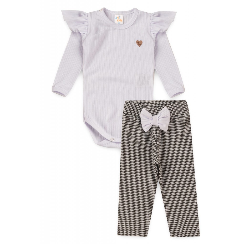 Conjunto Body e Calça Pied de Poule - Branco - Ame Kids