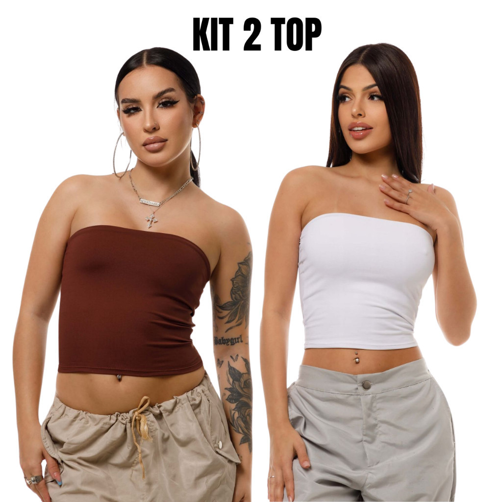 Kit 2 Tube Top Feminino Blusa Tomara Que Caia Suplex Forro Duplo em Oferta na Shopee