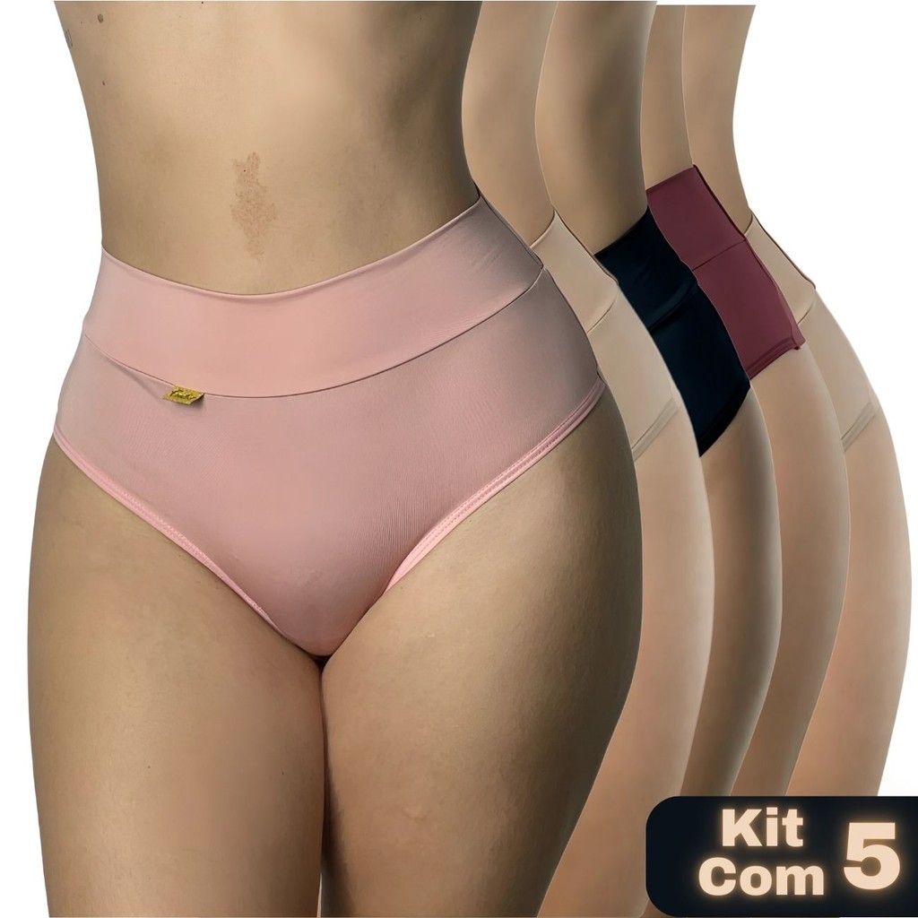 Kit 5 Calcinhas Cintura Alta Cós Duplo Fio Duplo Segura Barriga Fitness sem viés no Bum bum em Oferta na Shopee