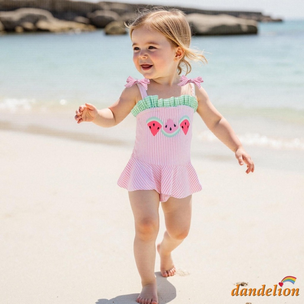 Maiôs Para Bebês Meninas Com Estampa De Melancia Fofa , Sem Mangas , Gravata , Ombro , Roupa De Banho