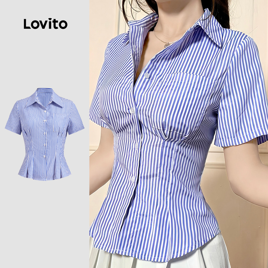 Lovito Blusa Casual listrada plissada para mulheres L129AD1487 - Women Clothes