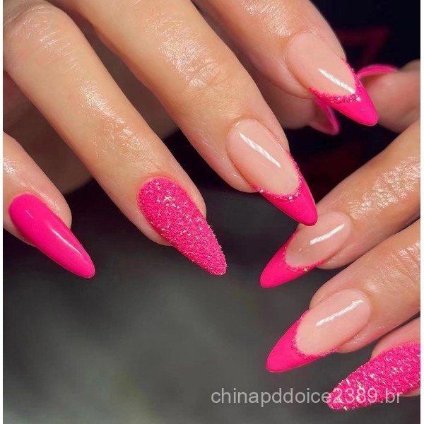 unha postica realista amendoada francesinha Com Cola unhas postiças decoradas média nails