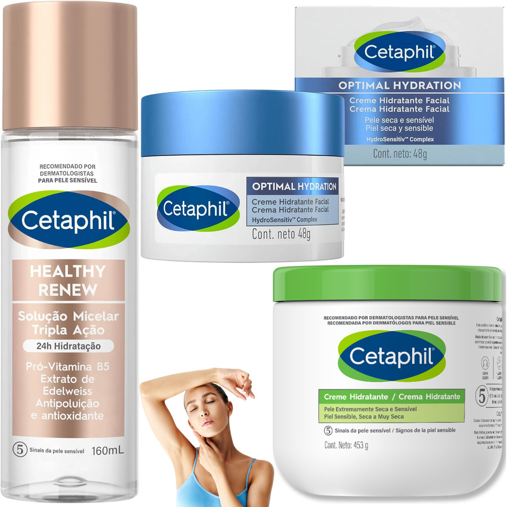 Kit Cetaphil Creme Hidratante Facial Optimal Healthy Água Micelar Solução Hidratação Intensa Corpo