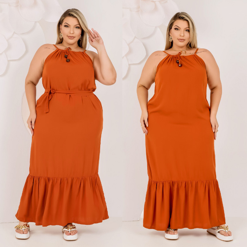 Vestido Longo Feminino Plus Size Alça com Amarração Babado na Barra Faixa p/ Cintura