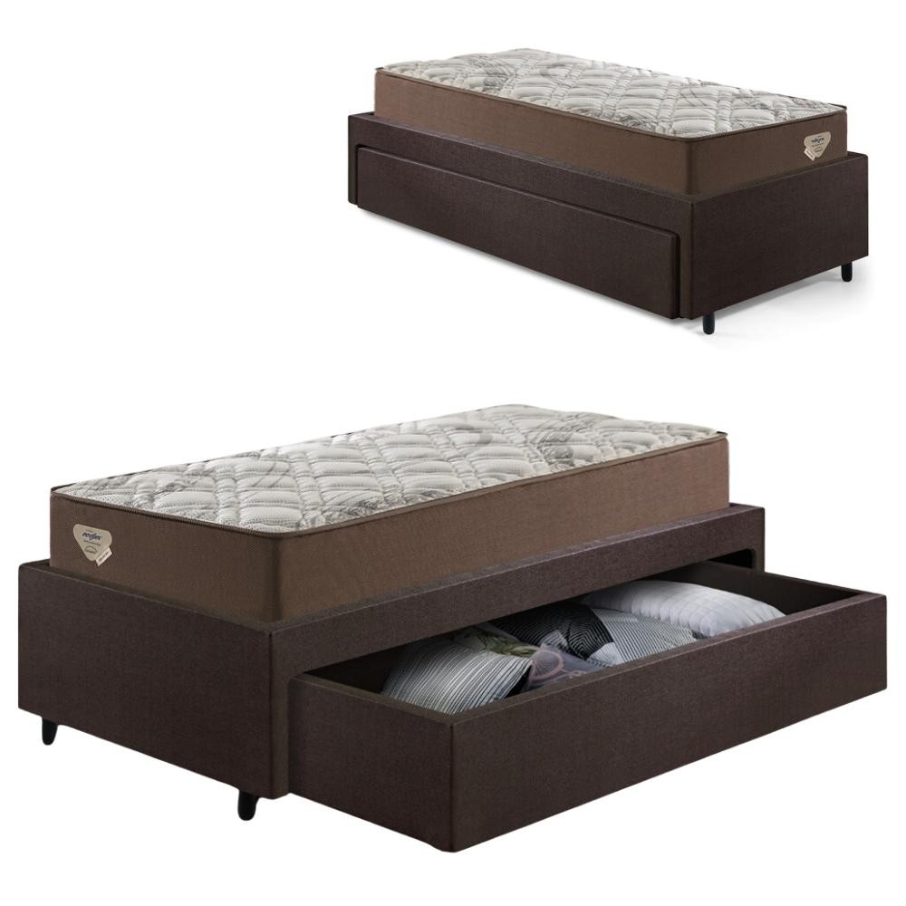 Cama Solteirão Sapateira Courino Linho Marrom e Colchão Relax Adorabile Ecoflex 96x203