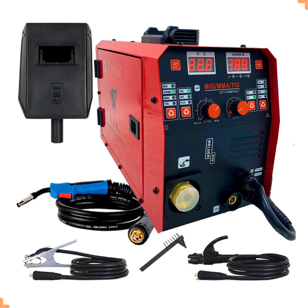 Maquina De Solda Inversora Serralheiro Multiprocessos Mig 255 Tig Eletrodo Bivolt 127/220v Usk