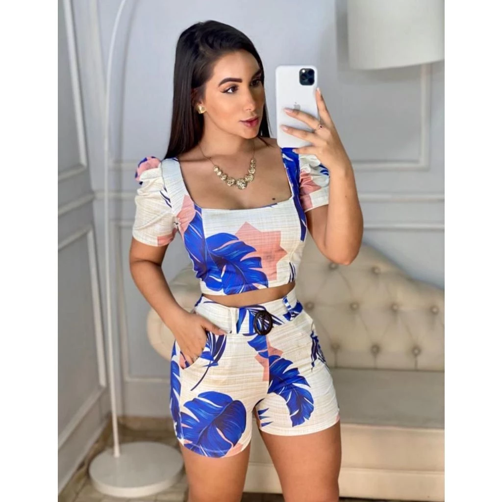 Conjunto Feminino Blusa com Bojo e Short com Cinto Conjuntinho Feminina Roupas Femininas — imagem 1