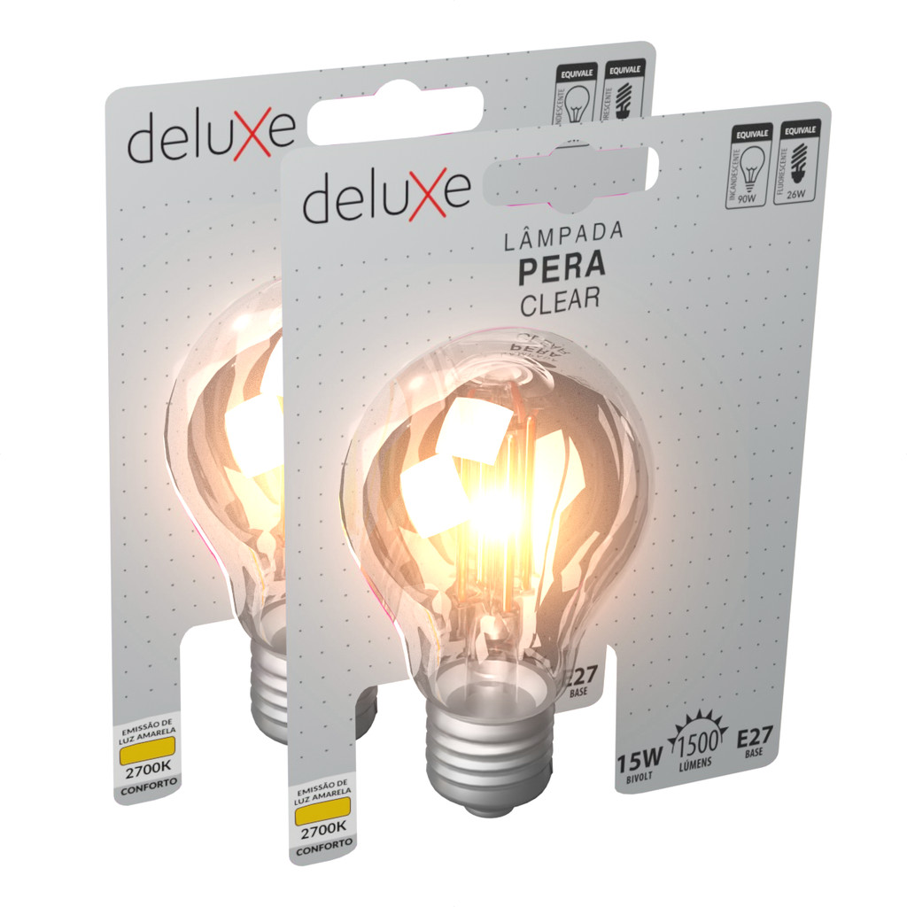 Kit 2 Lampada Led Pera Filamento Clear 15W 2700k E27 Deluxe em Oferta na Shopee