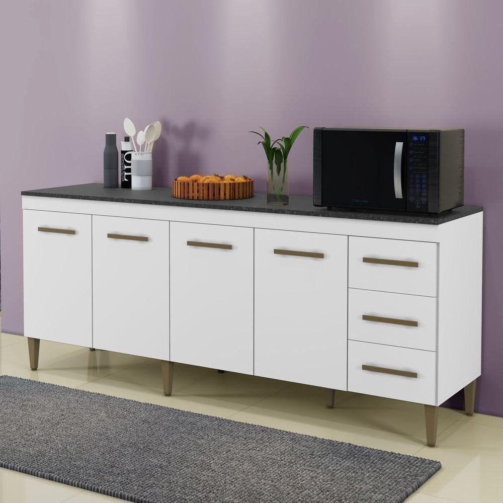 Balcão de Cozinha Atenas 2 Metros 4 Portas e 3 Gavetas Kaiki Moveis Branco - Home & Living