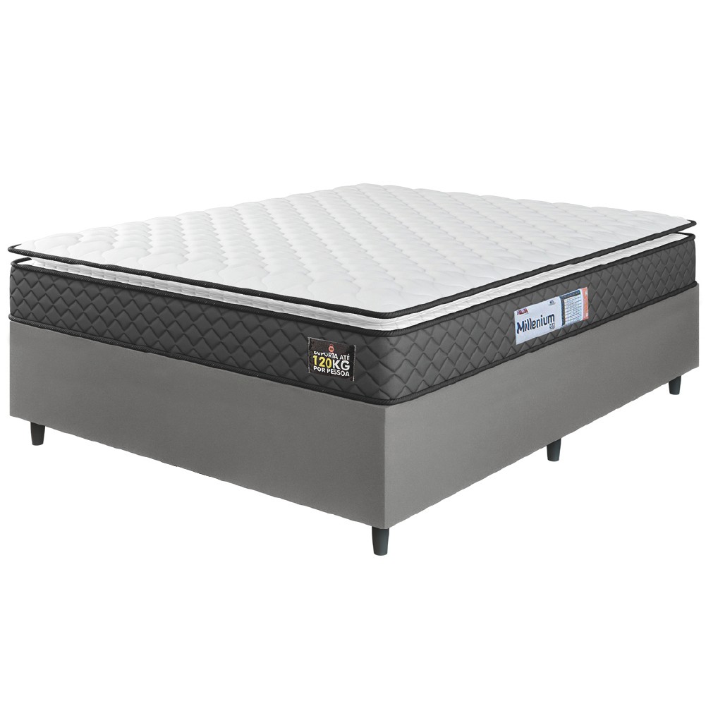 Cama Box Casal Queen Colchão Espuma D33 Pillow Top Millenium 158x198x57cm Suede Cinza/Branco Hellen - Home & Living