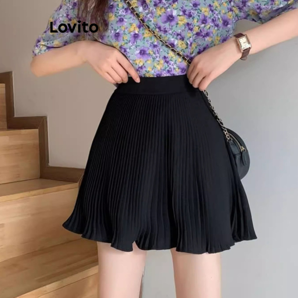 (Trendy) Lovito Saias Casuais Saias Lisas Plissadas Para Mulheres L89ED013 - Women Clothes