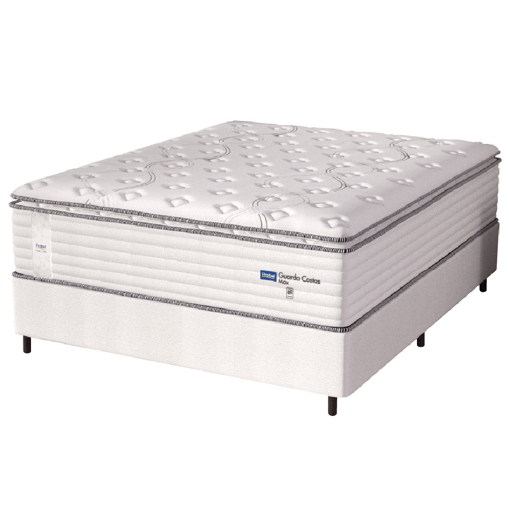 Cama Box Casal Queen Colchão Molas Guarda Costas Max Com Pillow Probel 158x198x78cm Branco / Cinza - Home & Living