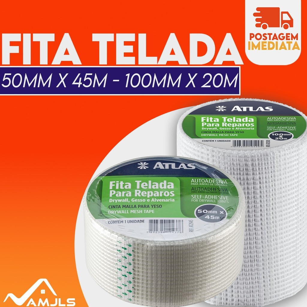 Kit Fita Telada Para Reparar Drywall, Gesso, Alvenaria 50mm x 45m e 100mm x 20m - Atlas