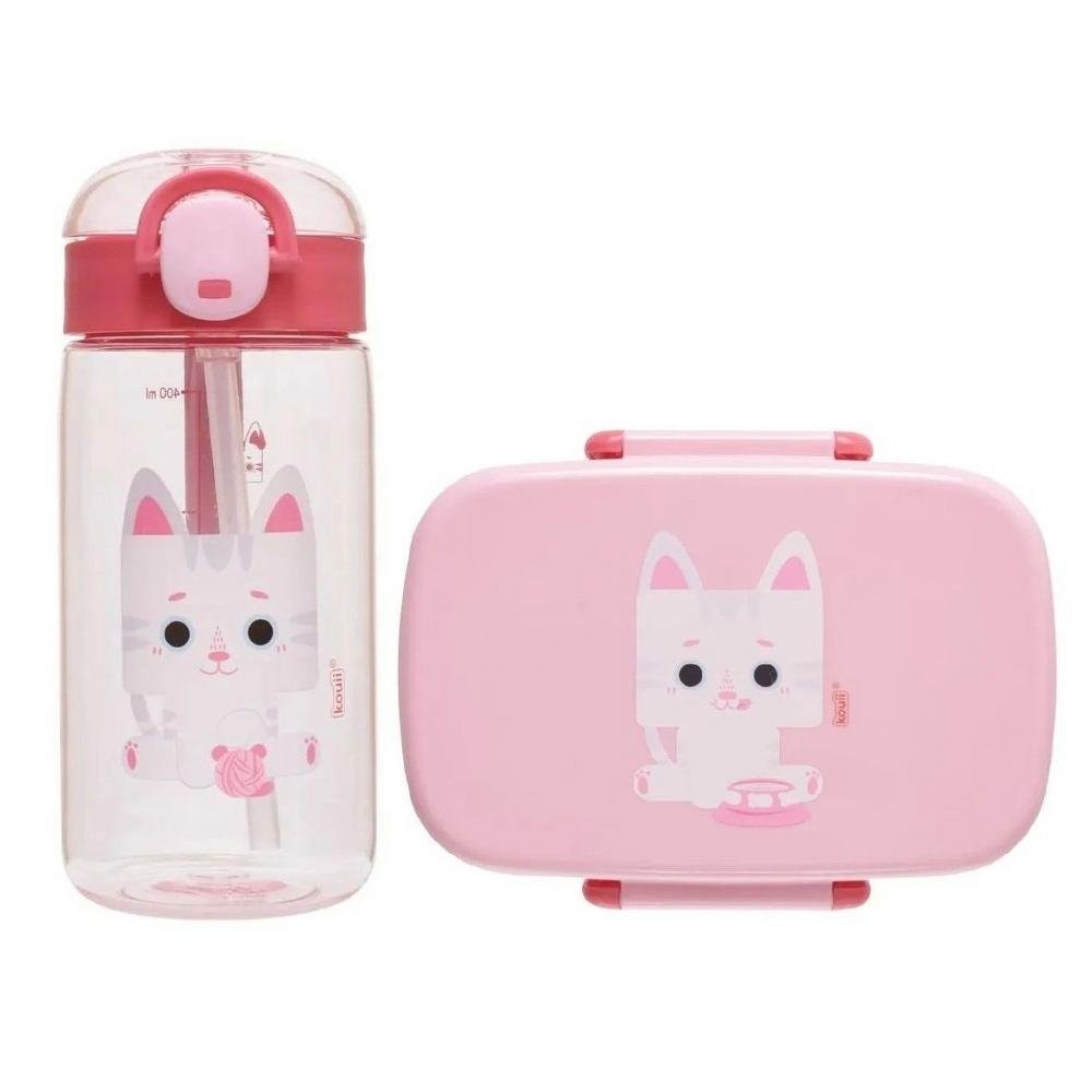 Kit Garrafa Plastica 460ml +Marmita Bento Box Kouii Gata Mia