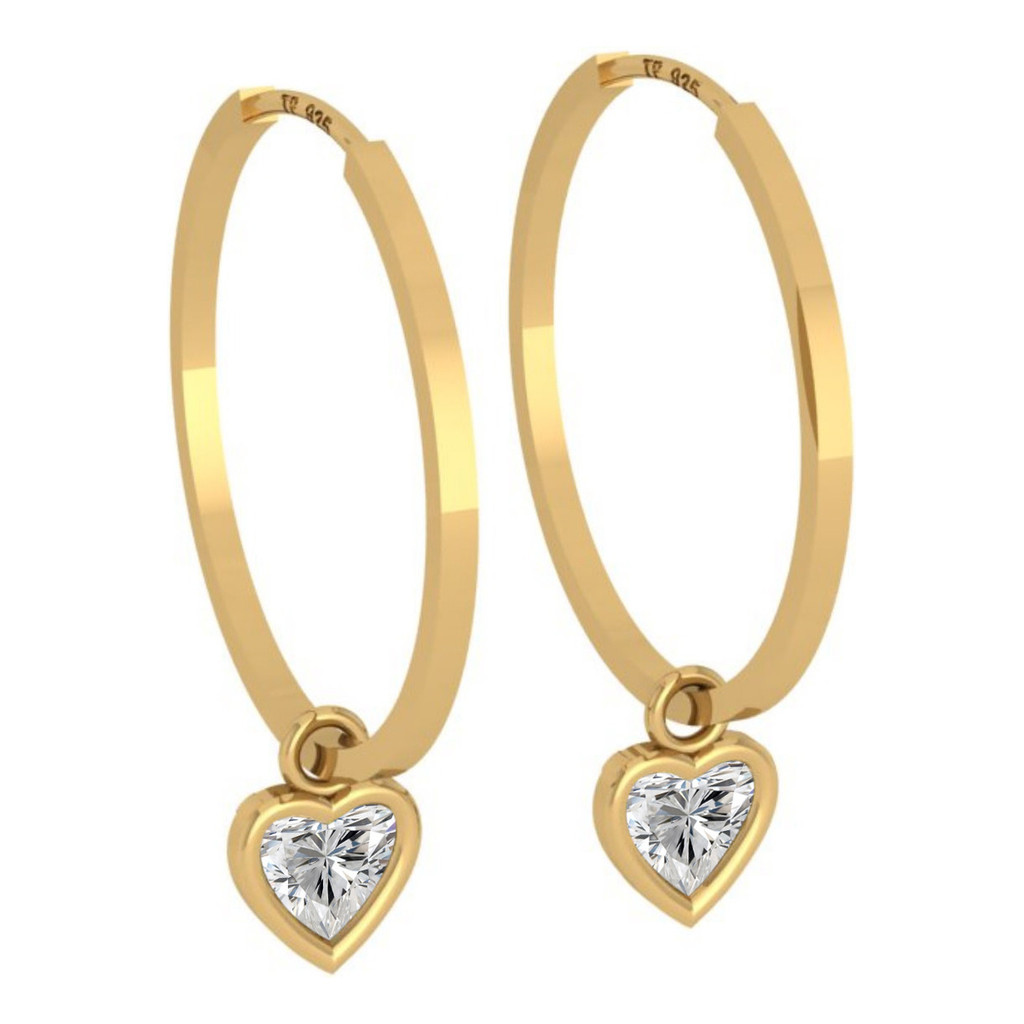 Brinco Argola Prata 925 Dourada 18k Coração Pingente- Zircônia