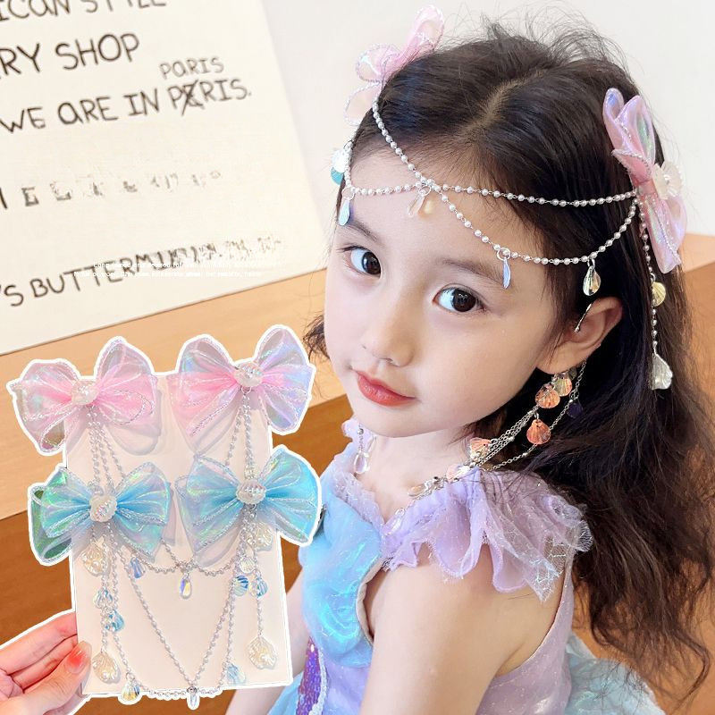 Arco Infantil Testa Renda Ornamento Sereia Pérola Borla Hairpin Meninas Orelha Pendurado Cocar