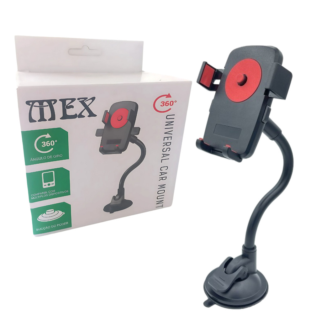 Suporte Veicular Universal C1023 Celular e GPS Ventosa Forte Rotação 360° Alta Fixação Compatível Smartphones vermelho