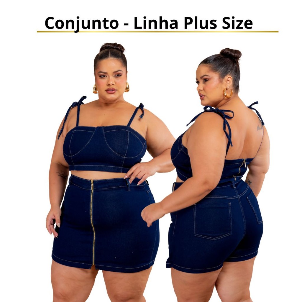 Conjunto Jeans com Lycra Premium Cropped e Short Saia Plus Size em Oferta na Shopee