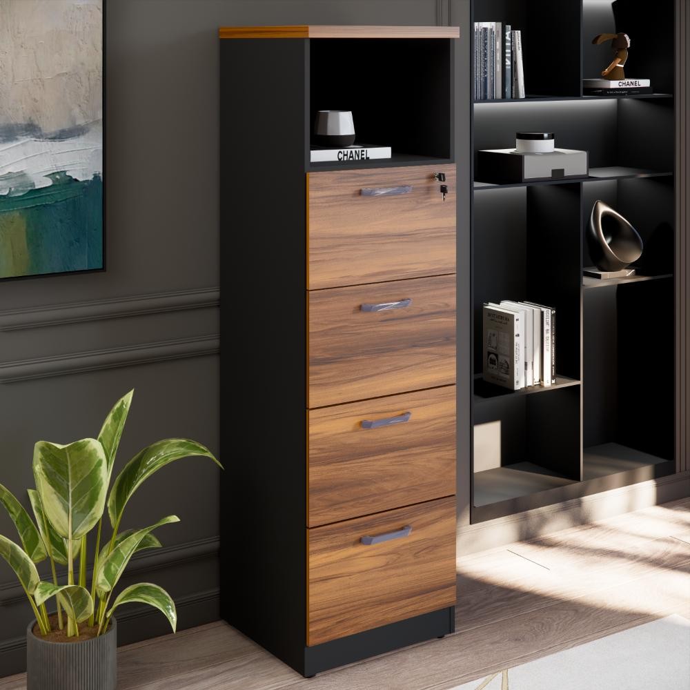 Armário Escritório Alto 4 Gavetas com Chave 1 Nicho Home Office 160cm Cor Marrom/Preto - Web Office
