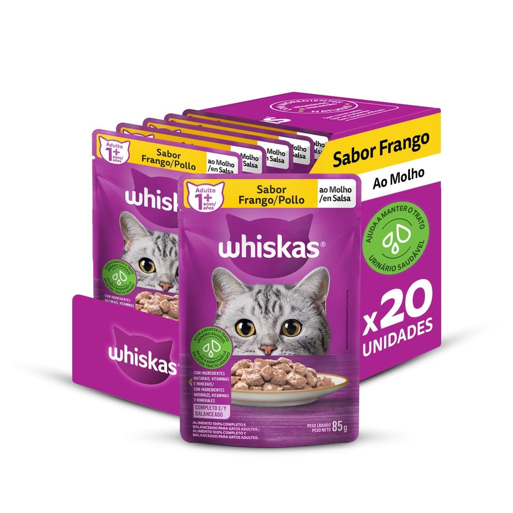 Kit 20un Ração Úmida Whiskas Sachê Frango Gato Adulto 85G em Oferta na Shopee