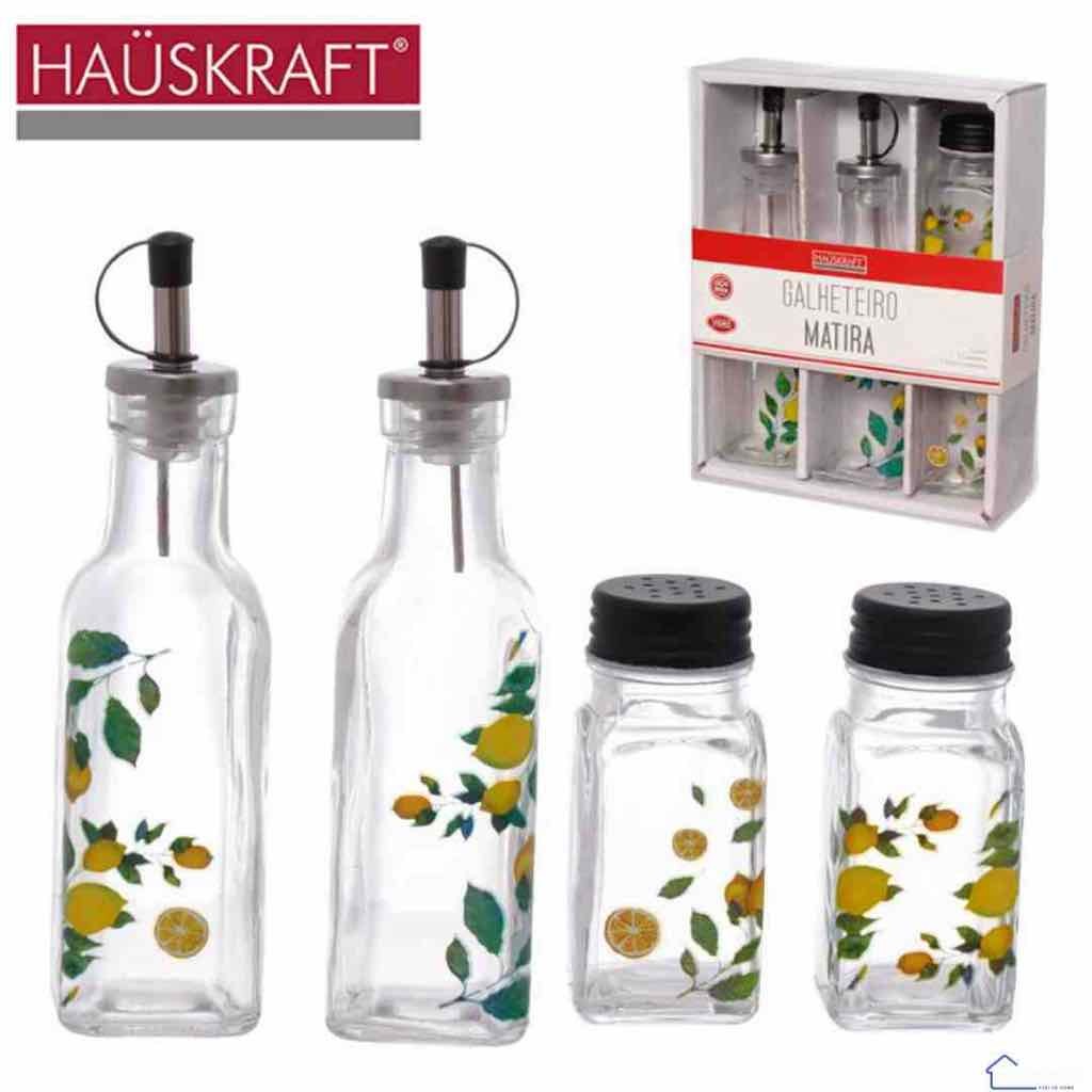 Kit Galheteiro Limão Siciliano 4 Peças Vidro  Inox Vinagreiro Azeiteiro Temperos Azeite Vinagre Óleo e Porta Condimentos
