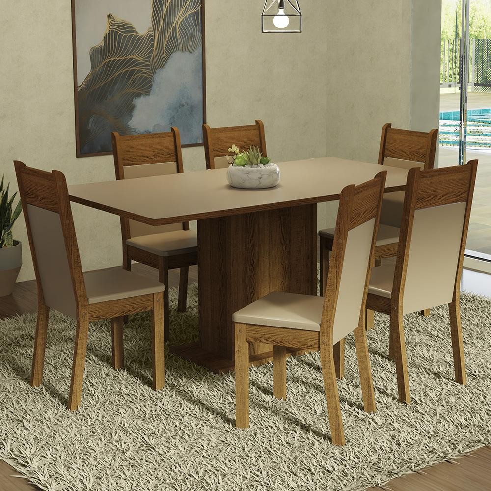 Conjunto Sala de Jantar Mesa Tampo de Madeira 6 Cadeiras Augusta Madesa