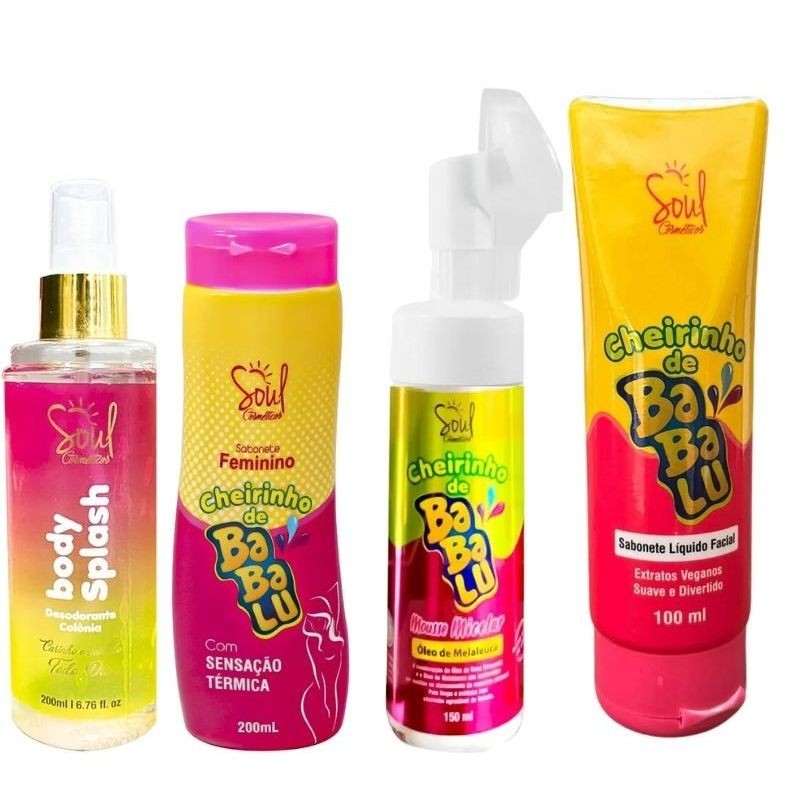 Kit 04 itens (Mousse Micelar 150ml + Sabonete Facial 100ml + Sabonete Íntimo 200ml + Body Splash 200ml)