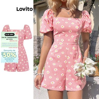 Lovito Macacão Boho Floral Smocked para Mulheres L87ED243(Multicolorido)