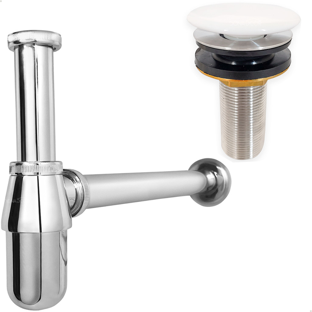 Sifão Copo 7/8 Metal E Válvula Click Inox Tampa Cerâmica Ralo Pia 30mm Lavatório Kit Banheiro Cuba