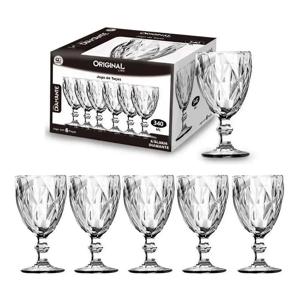 Jogo 12 Taças 330ml Vidro Para Água Vinho Suco Diamond Bico Jaca Abacaxi Luxo Resistente Diamante