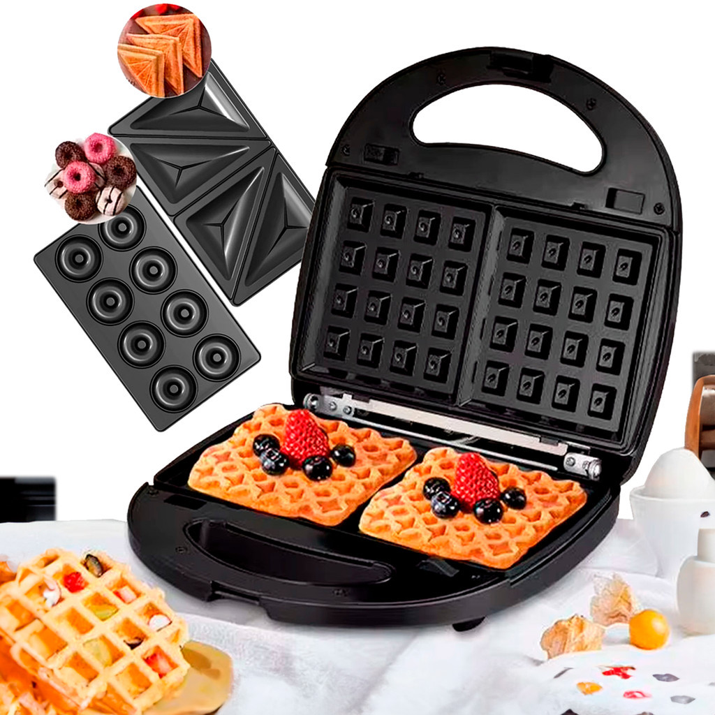 Sanduicheira Elétrica Multigrill 3 Em 1 Donuts Waffle Lanches Multifuncional C/ 3 Tipos De Chapa