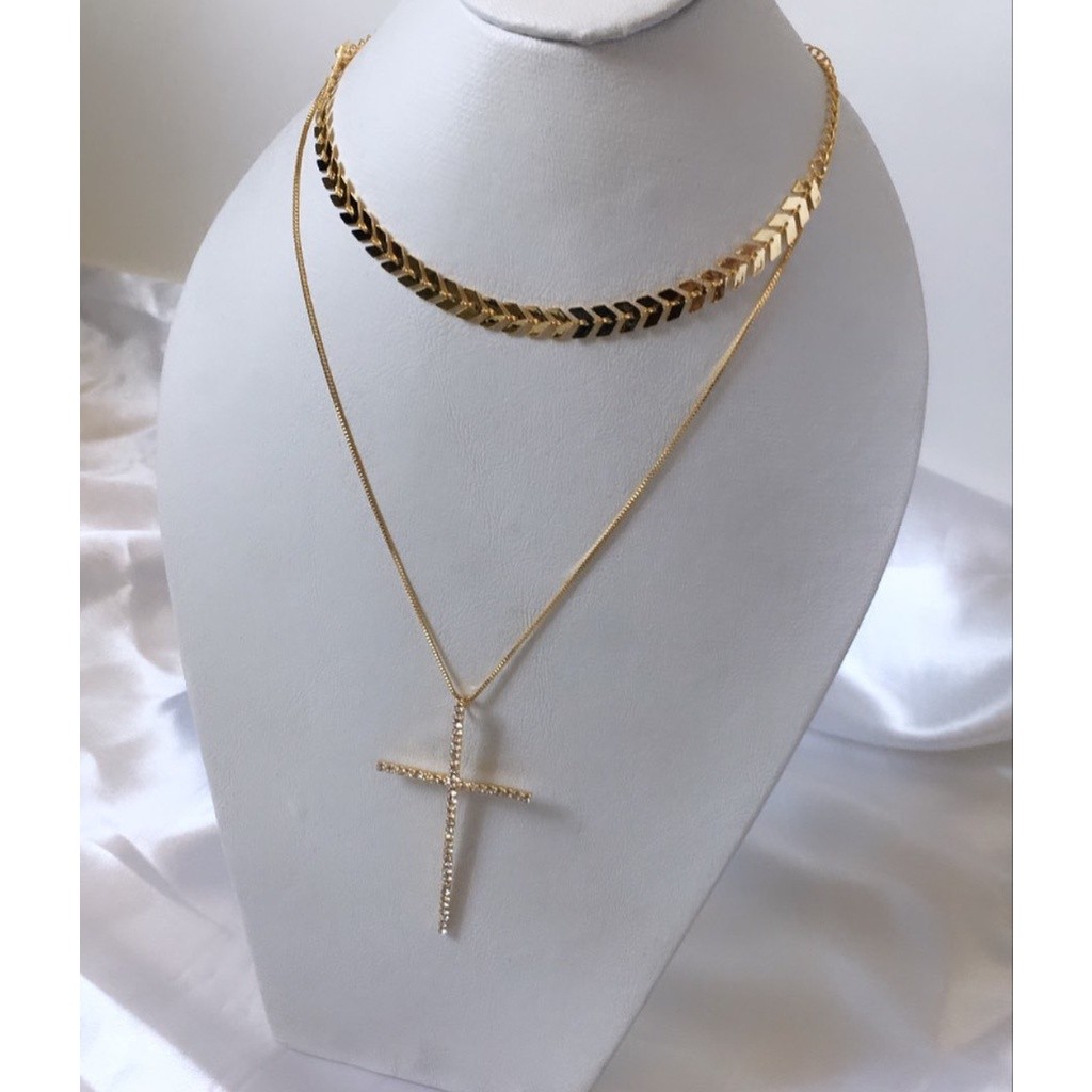 Kit Conjunto Colar De Cruz Com Choker Escama de Peixe Folheado a Ouro 18K