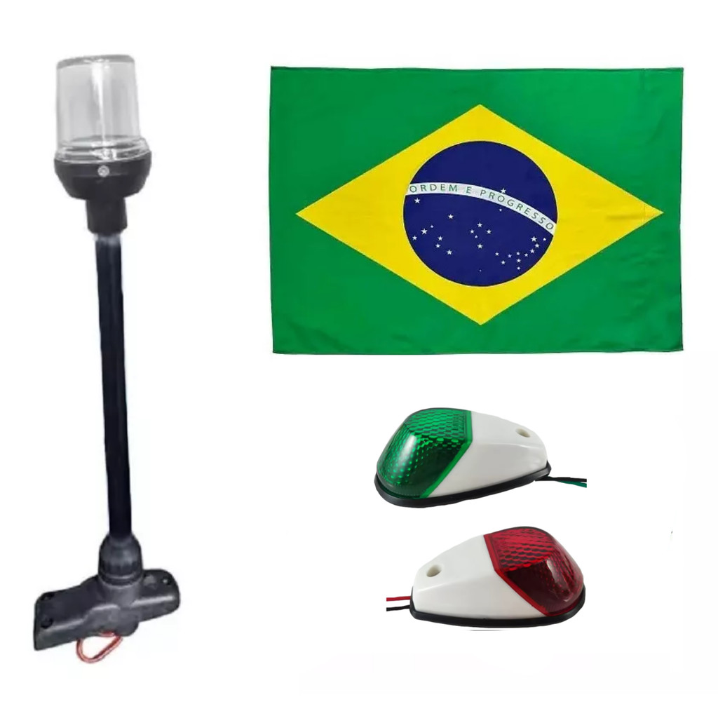Kit Luz Bombordo e Boreste Led em ABS Branco + Mastro Estrobo Alcançado Fundeio Preto Led + Bandeira do Brasil - Barco