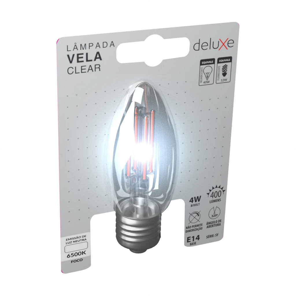 Lampada Led Vela Filamento Clear 4W 400lm 6500K E14 Deluxe em Oferta na Shopee