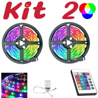 Kit 2 Fita de LED 2835 RGB Multicolorida 300 LED 5M 12V IP65 COM Controle Remoto ming