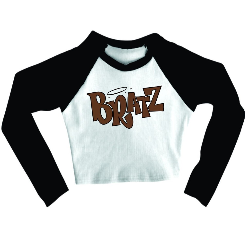 Cropped Raglan inverno Feminino Tumblr blogueira Bratz Collection Logo Bonecas feminina manga longa
