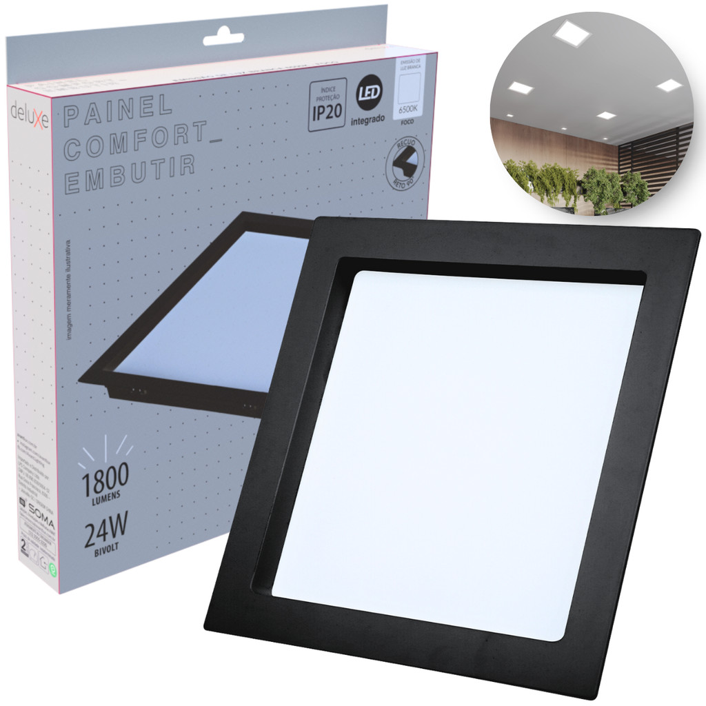 Painel Led Recuado 24w Quadrado 6500k Comfort Branco Frio 26cm 110V/220V Bivolt Preto Fosco Cód: 908241370 - Deluxe em Oferta na Shopee