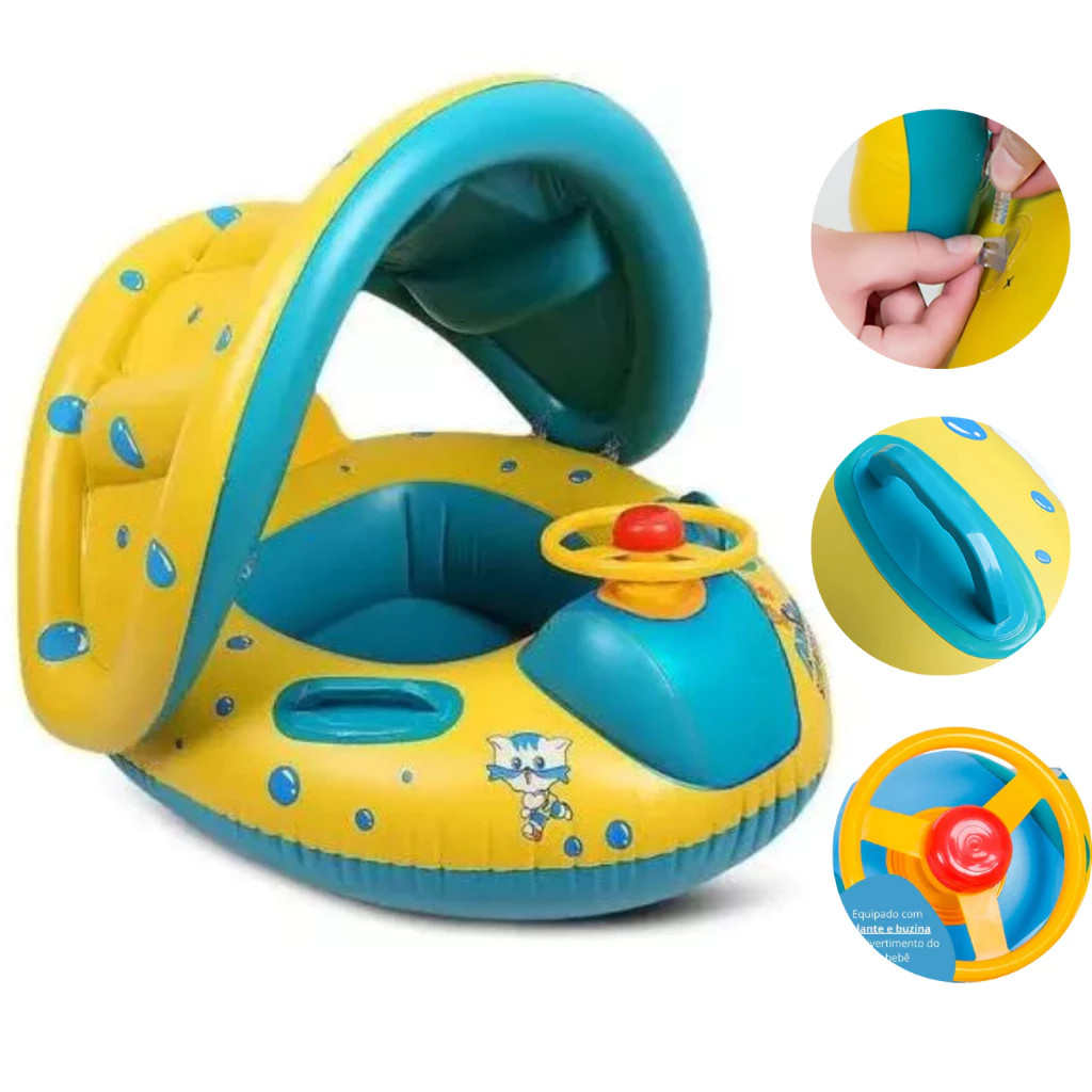 Boia Bote Inflavel Bebe Protecao UV Carrinho Com Cobertura E Bomba De Ar