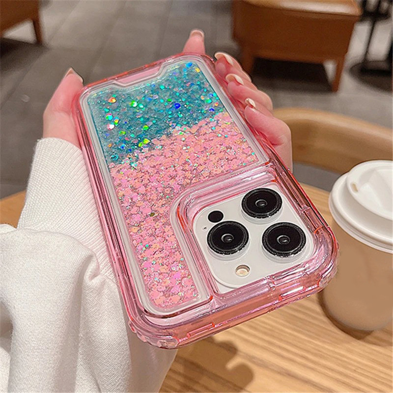 Capa Armadura Pesada À Prova De Choque Para iPhone 16 15 14 11 12 13 Pro Max Plus 3 Em 1 Gradiente Glitter Bling Transpa em Oferta na Shopee