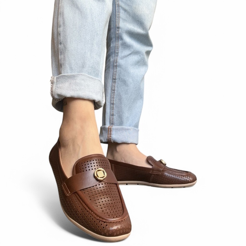 Mocassim Feminino Couro Caramelo Vazado Comfortflex 2561332-2