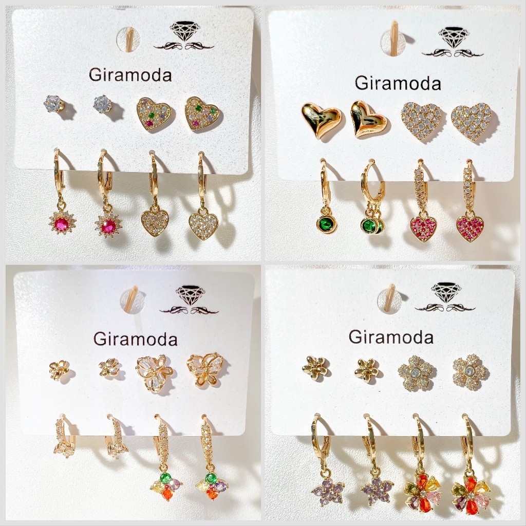 Kit 4  brincos Cravejada Pedra de Zirconia com Pingente Coloridos/Borboleta/Coração/ Flor folheados a Ouro 18k e Prata 9