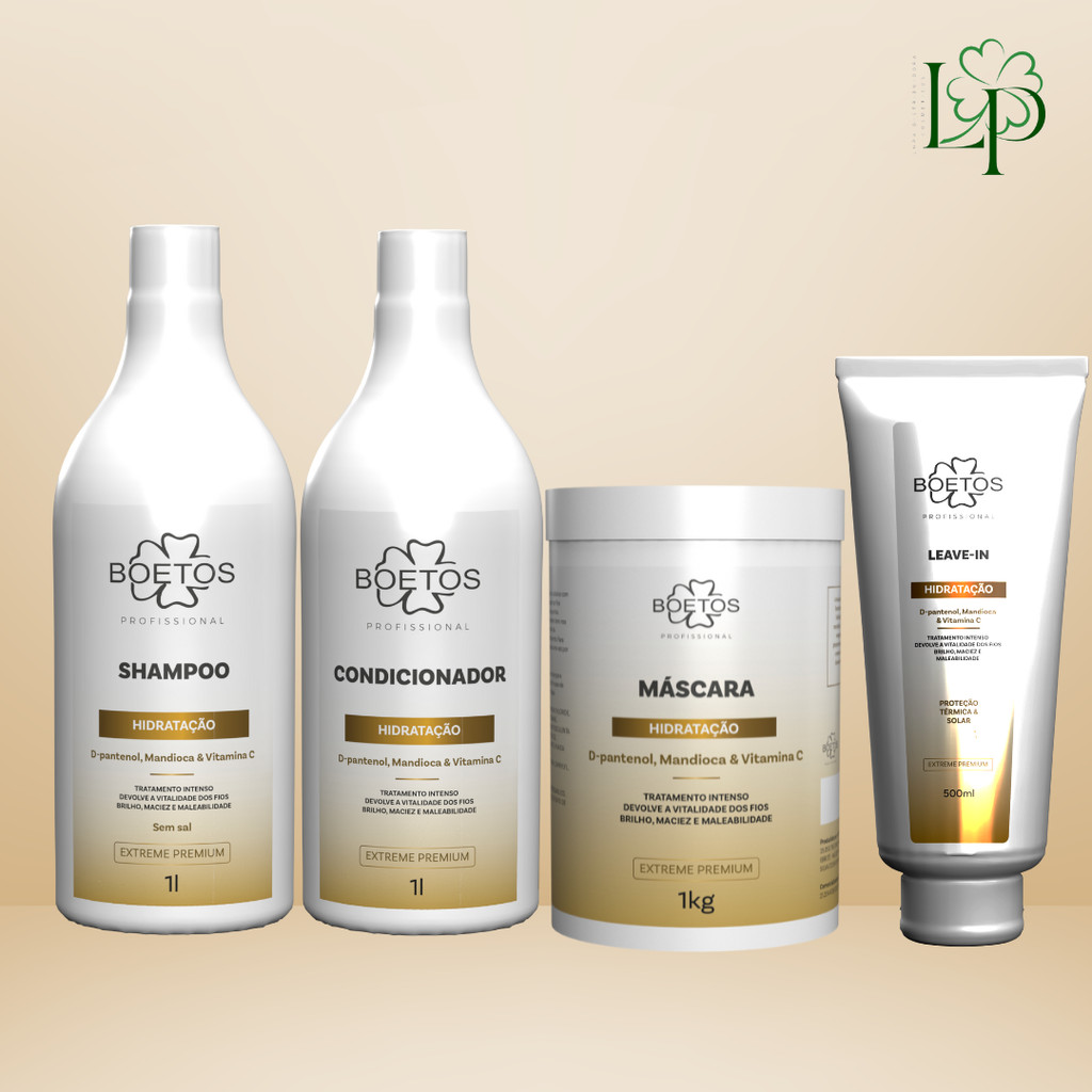 Kit de Hidratação D'Pantenol, Mandioca e Vitamina C shampoo, condicionador, máscara, Leave in Boetos Profissional em Oferta na Shopee