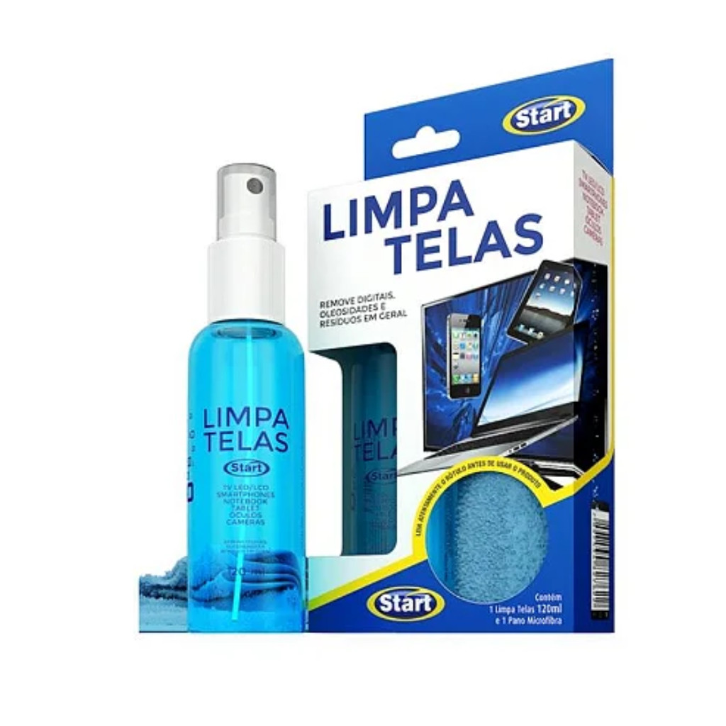 Kit Limpa Telas Start 120ml + Pano Microfibra - Remove Resíduos, Gorduras e Manchas Digitais - Home & Living