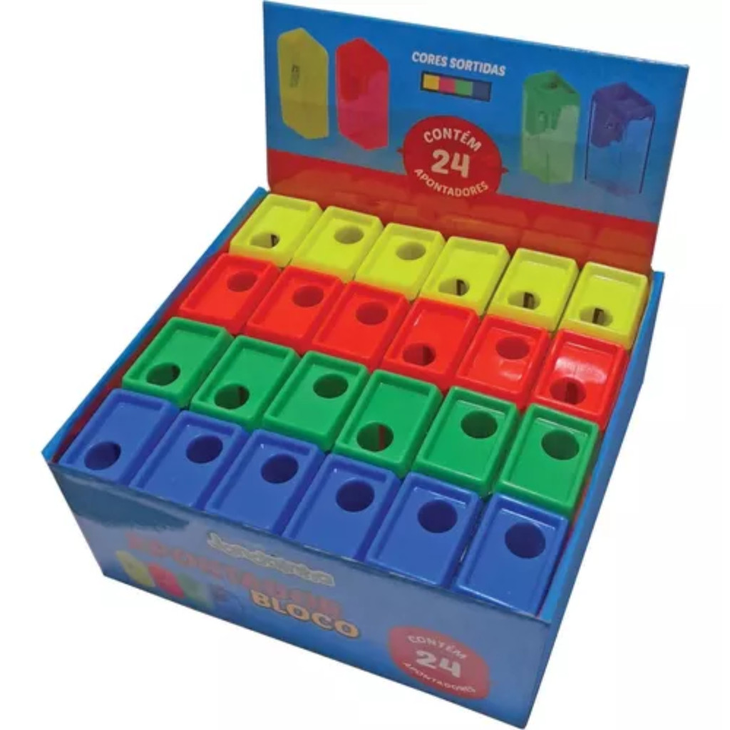 Apontador com Depósito Retangular 4cm Colorido Jandainha, Compacto, Seguro e Ideal para Uso Escolar