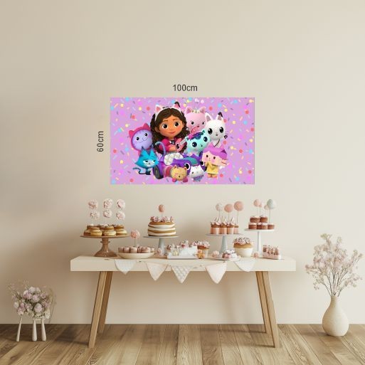 Lindo Painel Gabby lilás retangular de lona para decoração de festa de aniversário infantil. Várias medidas.